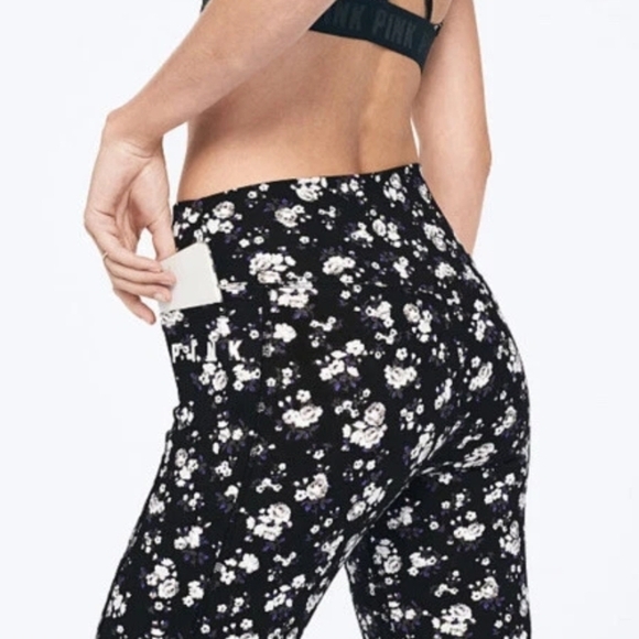 PINK Victoria Secret Leggings Pants 7/8 High Waist Black White Floral Ultimate - Picture 2 of 12